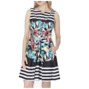 Tahari Dress Black Ivory Poppy 6 Floral Stripe Cotton A Line $128 Career NEW NWT
